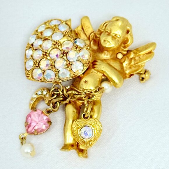 Rare Kirk's Folly Cherub Angel w/Rhinestone Heart Gold-Tone Angel Brooch - Picture 6 of 8